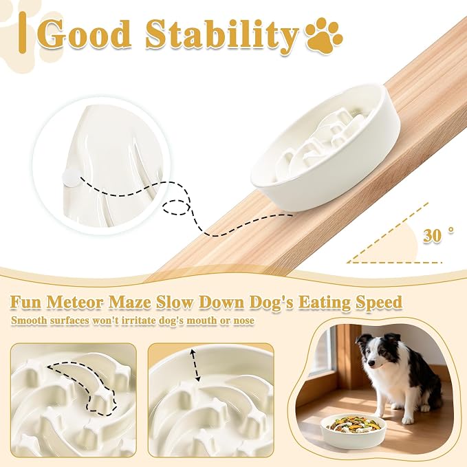 Ceramic Slow Feeder Dog Bowls, 1.5 Cups Dog Food Dish for Medium and Large Breed, Puzzle Dog Food Bowl for Fast Eater, 28OZ, 8.15 inch(Beige)