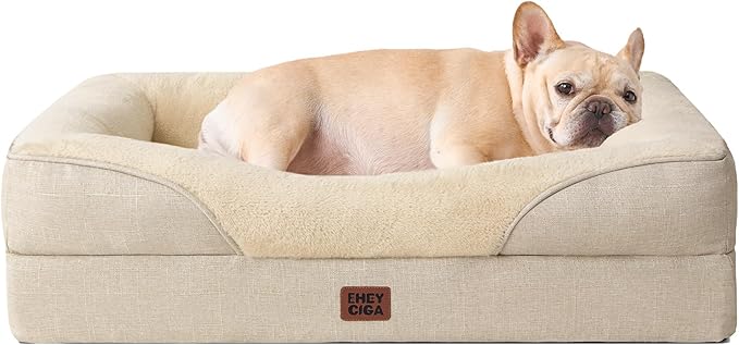 EHEYCIGA Orthopedic Dog Bed for Medium Dog, Memory Foam Dog Couch Bed with Sides, Waterproof Liner & Washable Removable Cover, Bolster Pet Sofa, 30x20 Beige