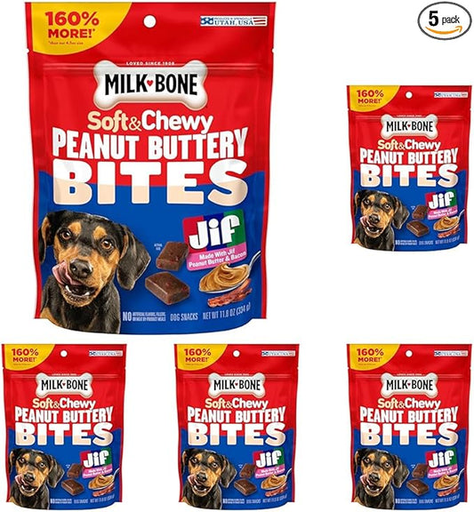 Milk-Bone Peanut Buttery Bites, Soft Dog Treats with Jif Peanut Butter & Real Bacon, 11.8 Oz. Bags (Pack of 5)