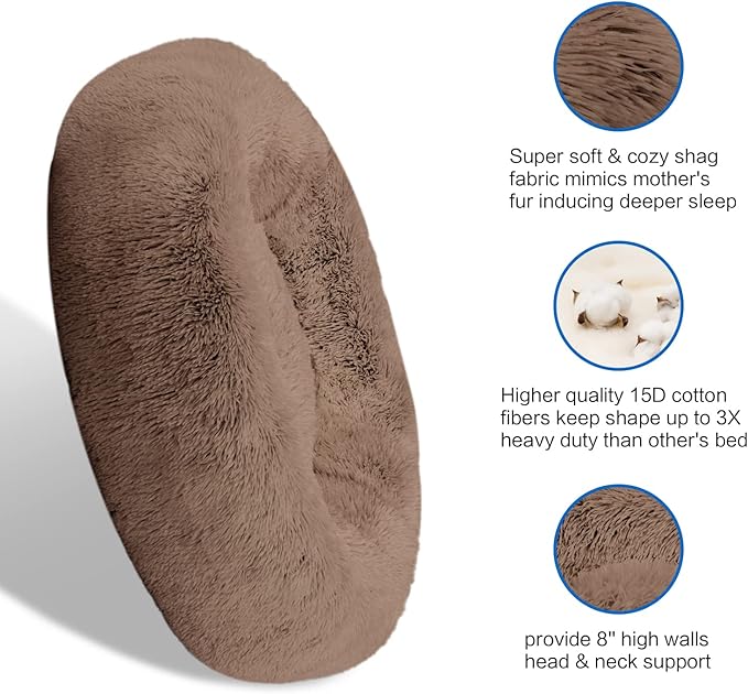 SAVFOX 54 inches Calming Donut Dog Bed - 3X Durable Plush Faux Fur, Machine Washable & Non-Slip, Fits up to 210 lbs, Removable Cover, Brown