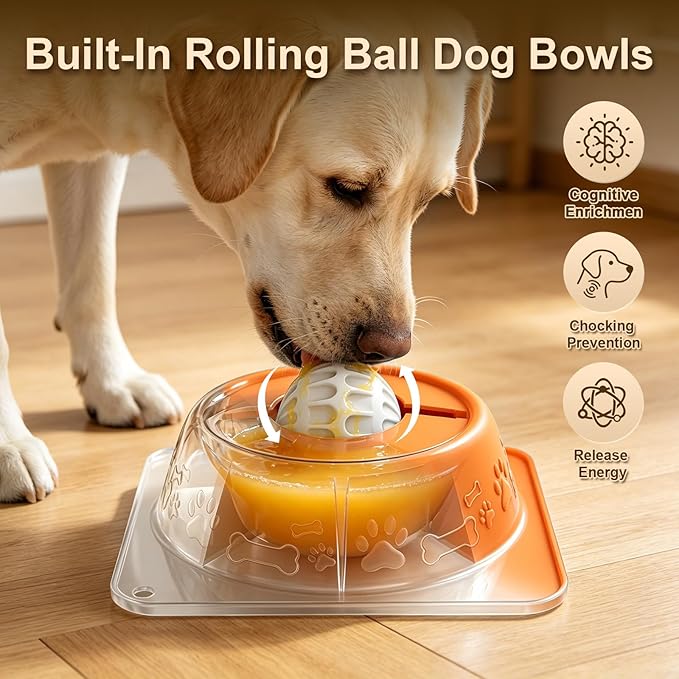Slow Feeder Dog Bowl for Liquid Treats, Anti-Slip Lick Bowl with Smooth Rolling Ball, No Spill Pet Bowl Yogurt Water Pup Lick Toy for Large Medium Small Dogs and Cats, Anxiety Relief Boredom, Orange