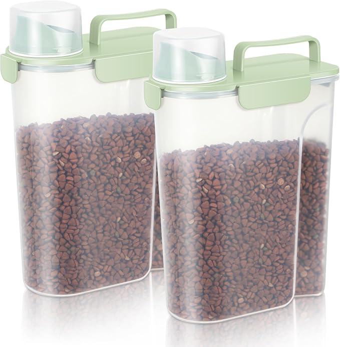 LEAWALK 5-7Lbs Dog Cat Food Storage Container with Upgraded Large Nozzle BPA-free, 4 Snap Seals Plastic Pet Food Storage Containers with Handles (light Green x 2, 5L-2pack)