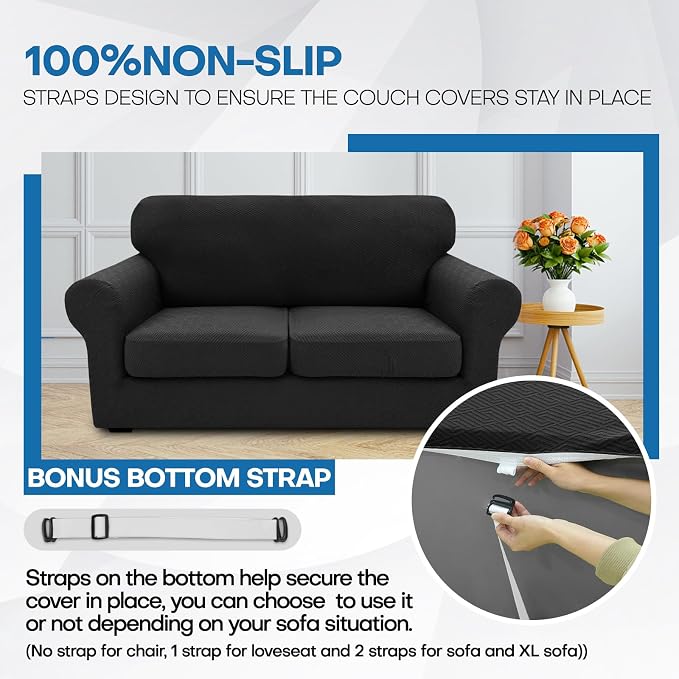 XINEAGE 2026 New 4 Pieces Extra Large Couch Covers for 3 Cushion Sofa Super Stretch Sofa Cover for 3 Large Seat Cushion Universal Fitted Slip Cover for Living Room (Black), 91"-110"(3 Cushions)