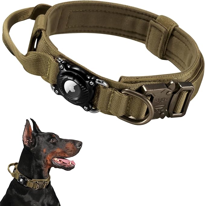 Personalized Tactical Dog Collar with Waterproof airtag Holder & Name Phone Number, Heavy Duty Nylon Military Dog Collar with Strong Metal Buckle for Medium and Large Dogs(Khaki,M)