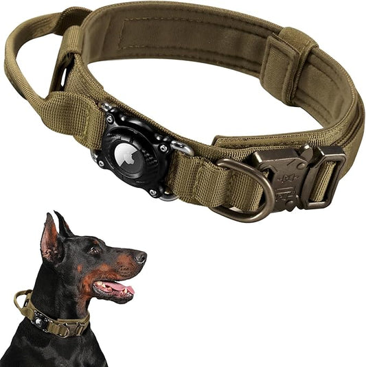 2026 Upgrade Military Tactical Dog Collar with Waterproof AirTag Holder - Heavy Duty Nylon GPS Tracking Collar with Control Handle & Metal Buckle for Medium Large Dogs (Khaki, L)