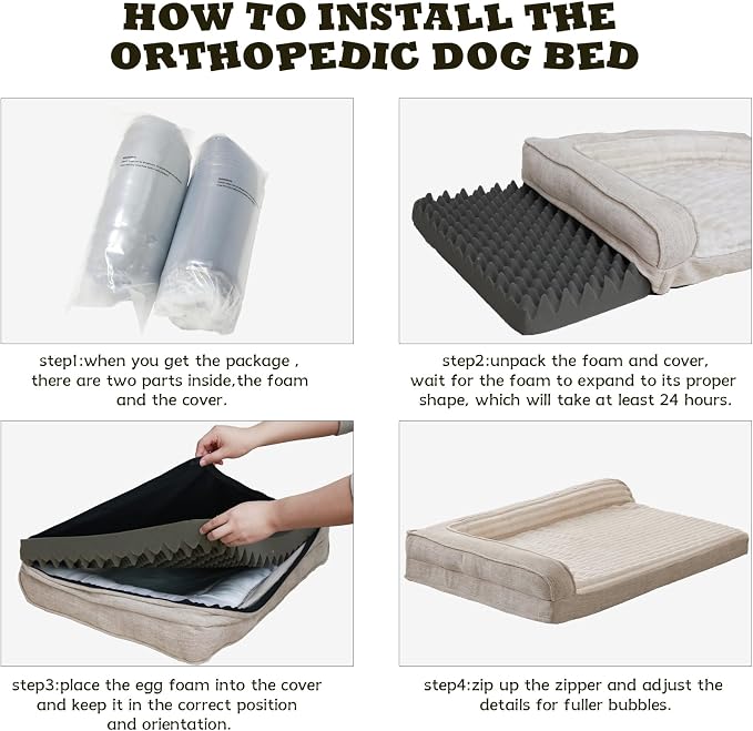 WINDRACING Orthopedic Dog Beds for Large Dogs, Waterproof Egg Foam Dog Sofa Bed with L Bolster Sides, Washable Large Pet Bed with Removable Cover & Non-Slip Bottom, 36 x 27 inch, Beige