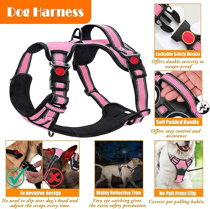 LOBEVE No Pull Dog Harness, Collar & Leash Set | Includes Dog Seat Belt, Collapsible Bowls & Poop Bag Dispenser. Ideal for Training, Walking, Hiking. Fits Small to Large Dogs(Pink-L)