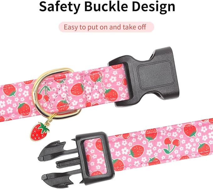 Personalized Dog Collars,Adjustable Puppy Collars with Safety Buckle for Small Medium Large Dogs,Cute and Unique Pink Cherry Pattern Pet Collar for Boy Girl Dogs. (Pink Strawberry, Medium)