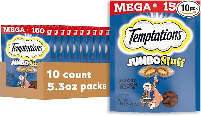 Temptations Jumbo Stuffed Cat Treats, Crunchy and Soft Cat Treats, Savory Salmon Flavor, 5.3 oz. Pouches (Pack of 10)