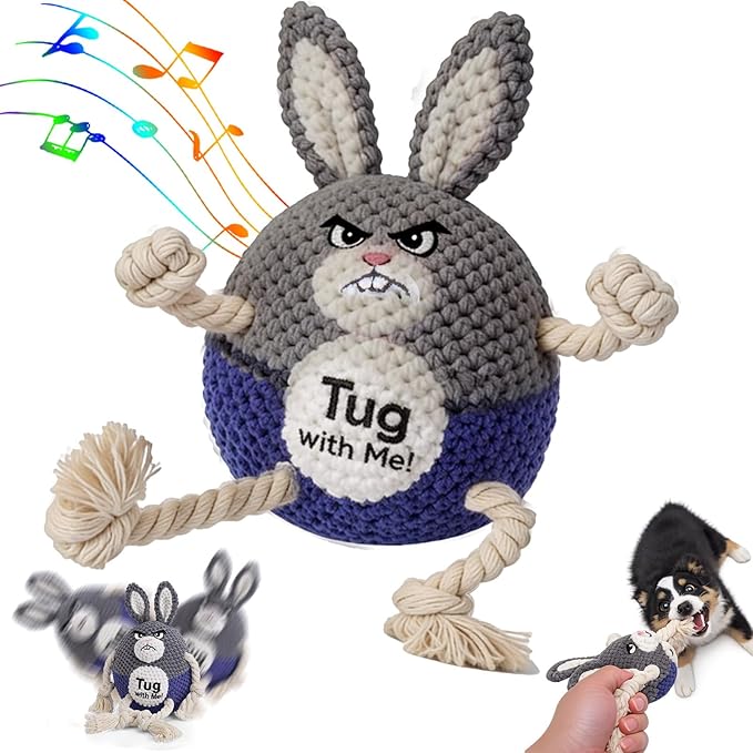 BABORUI Interactive Dog Toys, Easter Squeaky Dog Rope Toys with Recording and Music Modes, Dogs Tug Toy for Small/Medium/Large Dogs to Keep Them Busy (Blue Bunny)