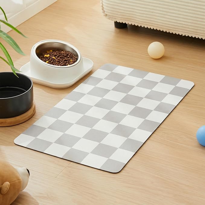 Checkered Dog Feeding Mat, Absorbent Mats for Dog Food and Water Bowl, Dispenser, Retro Modern Aesthetic Preppy Grey Checkerboard Pet Placemat for Dogs, Cats, Puppy Accessories, 12" X19”