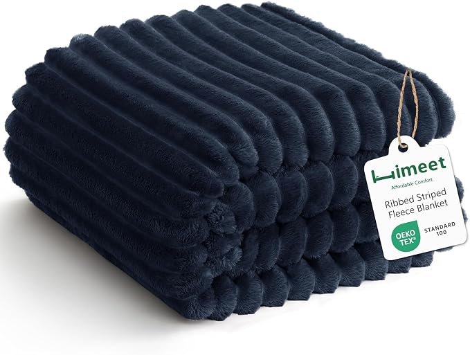 HIMEET Fleece Navy Blue Throw XL Blanket for Couch - 300GSM Ribbed Soft Cozy Outdoor Blankets for Travel Camping Nap, Birthday Gifts for Women Men Him, Long Sofa Room Decor Office Throws, 50x70 Inches