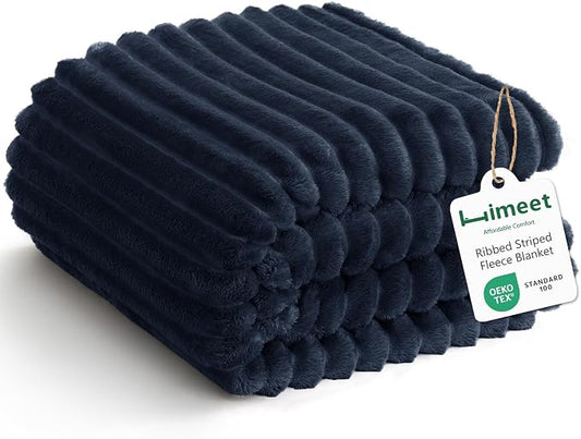 HIMEET Fleece Navy Blue Throw XL Blanket for Couch - 300GSM Ribbed Soft Cozy Outdoor Blankets for Travel Camping Nap, Birthday Gifts for Women Men Him, Long Sofa Room Decor Office Throws, 50x70 Inches