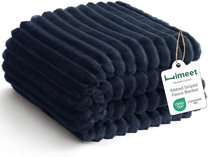 HIMEET Fleece Navy Blue Twin Blanket for Bed - 300GSM Ribbed Soft Cozy Outdoor Blanket, Graduation Birthday Gifts for Women Men Teens, College Dorm Essentials Camping Throws, 60x80 Inches