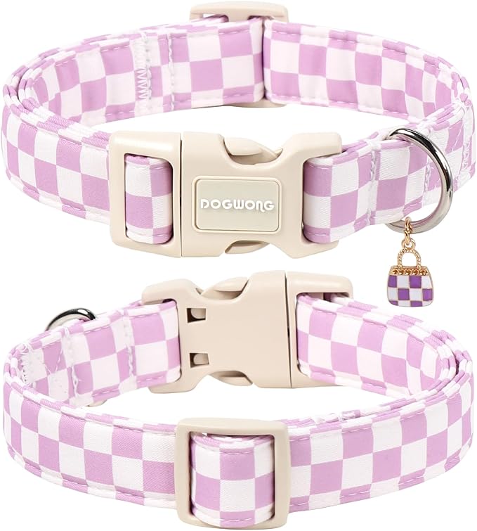 DOGWONG Purple Girl Dog Collar, Purple Checked Girl Dog Collars, Cute Soft Purple Plaid Dogs Collars for Small Medium Dogs, Neck 14-21 inches