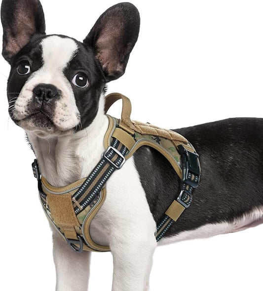 rabbitgoo Tactical Dog Harness for Small Dogs No Pull Adjustable Military Vest with Handle MOLLE Reflective Heavy Duty Dog Vest for Walking Training Hunting Outdoor Medium Size Dog Brown Camo S