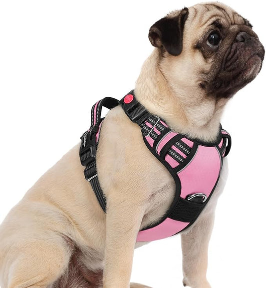 rabbitgoo Dog Harness Small Sized, 3 Buckles Easy On & Off No Pull Pet Vest, Soft Padded Walking Pet Harness with Control Handle, Adjustable and Reflective, Light Pink, S