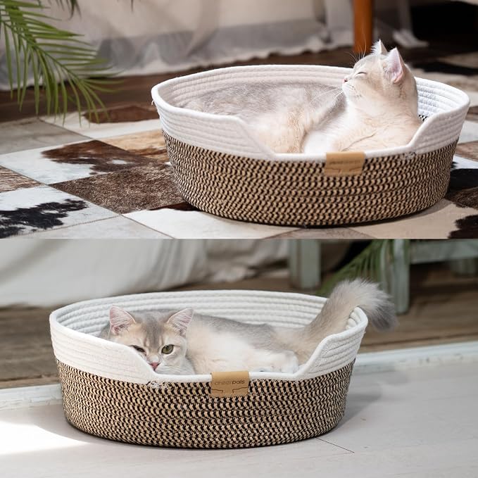 CHEERHOME PETS Cat Bed Basket with Cushion, Cotton Rope Woven Pet Bed for Indoor Cats Couch, Stimulicat Cat Bed Handwoven Breathable, All Season Universal (Brown)