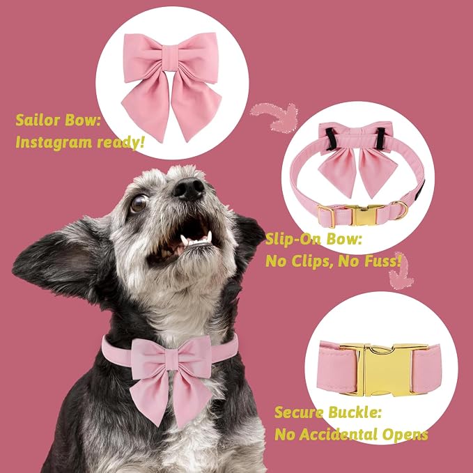 Maca Bates Cherry Pink Dog Collar with Cute Solid Sailor Bow Tie for Large Girl Boy Dogs,Girly Adjustbale Durable Breakaway Soft Collars with Bowtie for Female Male Puppy,Pet with Metal Buckle