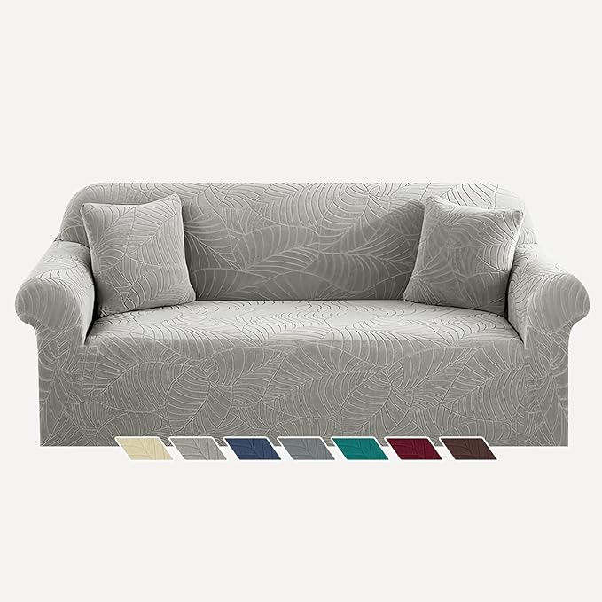 YEMYHOM Couch Cover Latest Jacquard Design High Stretch Sofa Covers for 3 Cushion Couch, Pet Dog Cat Proof Slipcover Non Slip Magic Elastic Furniture Protector (Large, Begonia Leaf Light Gray)