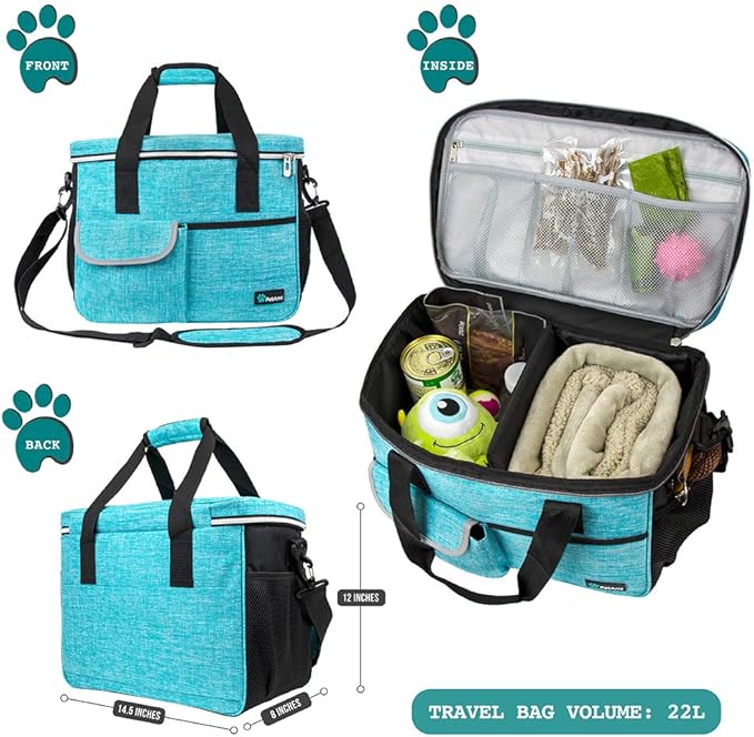 PetAmi Dog Travel Bag Organizer, Pet Travel Kit with 2 Food Containers & 2 Collapsible Dog Bowls, Pet Supplies Tote with Luggage Sleeve, Weekend Road Trip Camping Essentials, Teal Blue, Medium