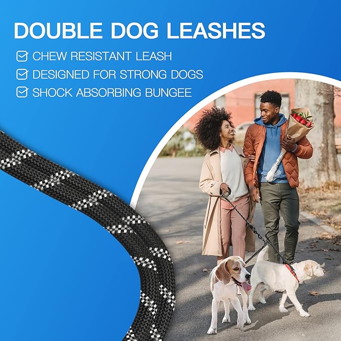 MingXpets Double Dog Leash, Dual Dog Leash, 360° Swivel Tangle Free Bungee Walking Training for Large Medium Dogs, Shock Absorbing Bungee Reflective for Two Dogs, 18~120 lbs, Black