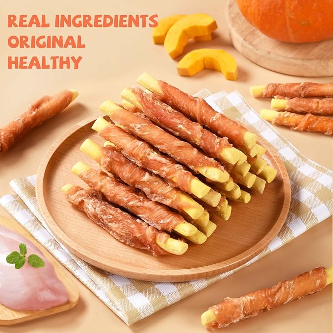 Pawmate Dog Treats Pumpkin Biscuits Chicken Wrapped, Healthy Chewy Snacks High Fiber Low Fat, Training Treats for Small Medium Large Dogs, 10.6 oz