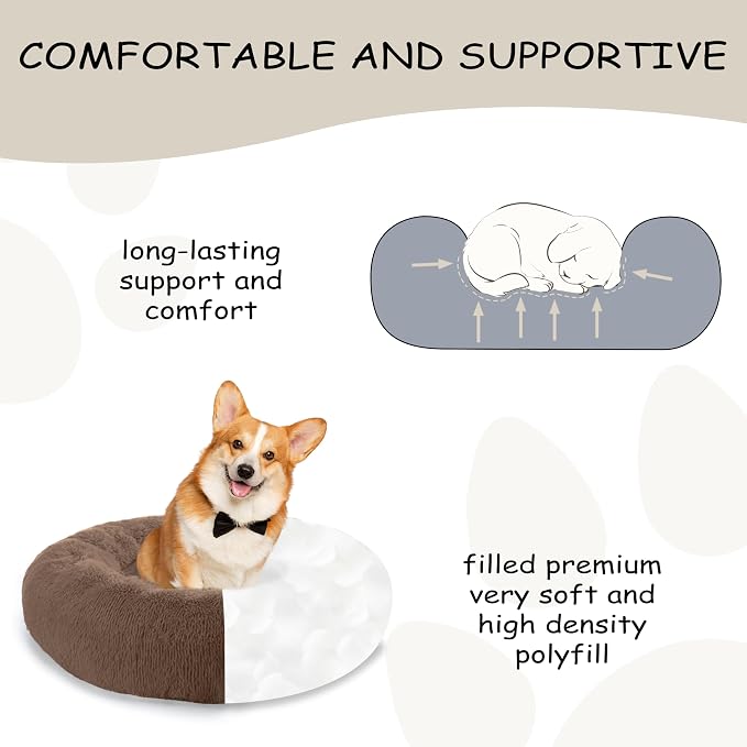 Bunlitent 46'' inch Calming Dog Bed, Plush Anti-Anxiety Donut Dog Bed for Large Dogs, Warming Cozy Soft Cute Round Washable, Marshmallow Cuddler Nest Pet Bed, Brown
