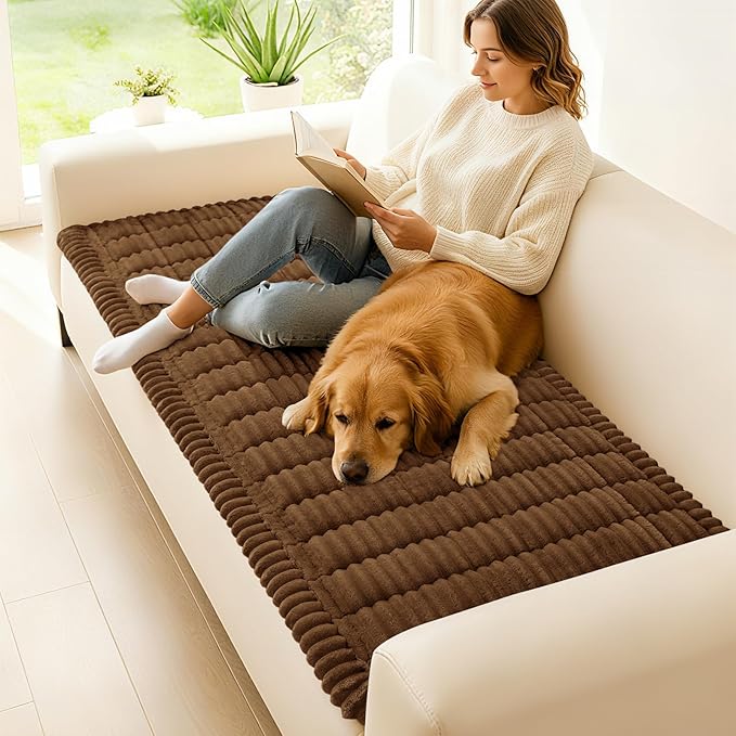 hyha Couch Cover for Dogs Washable, Non Slip Thick Flannel Sofa Protector, Pet Friendly Plush Furniture Cover for Sectional Sofa & Loveseat (Brown, 35.4" x 95")