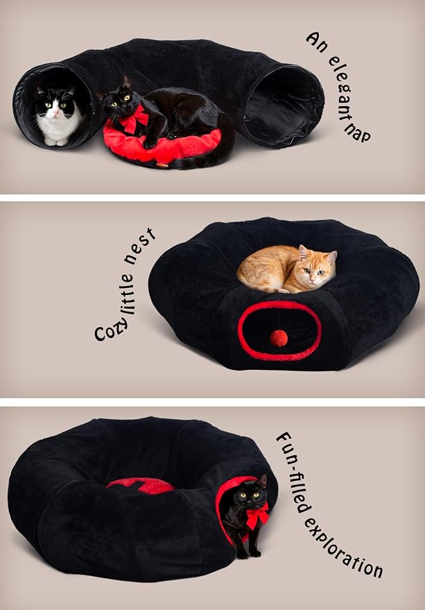 Gothic Cat Bed, Coffin Cat Tunnel House with Washable Cushion, Fits Indoor Cats up to 25 lbs, Cute Peekaboo Cave Pet Bed for Kittens, Rabbits, Halloween Goth Design, Black Red