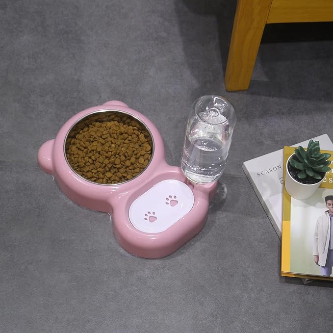 Double Dog Cat Bowls, Cat Food and Water Bowl Set with Auto-Water Dispenser and Stainless Steel Bowl Feeder for Small Size Dogs & Cats, Anti-Slip & Splash Design, Cute Pink