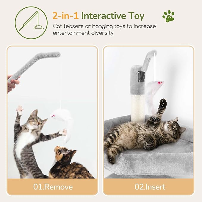 Globlazer 74in Cat Tree for Indoor Cats Large Adult, Heavy Duty Cat Tower with 5 Sisal Scratching Posts, 2 Caves, Oversized Top Perch, Hanging Basket, F74B, Light Grey