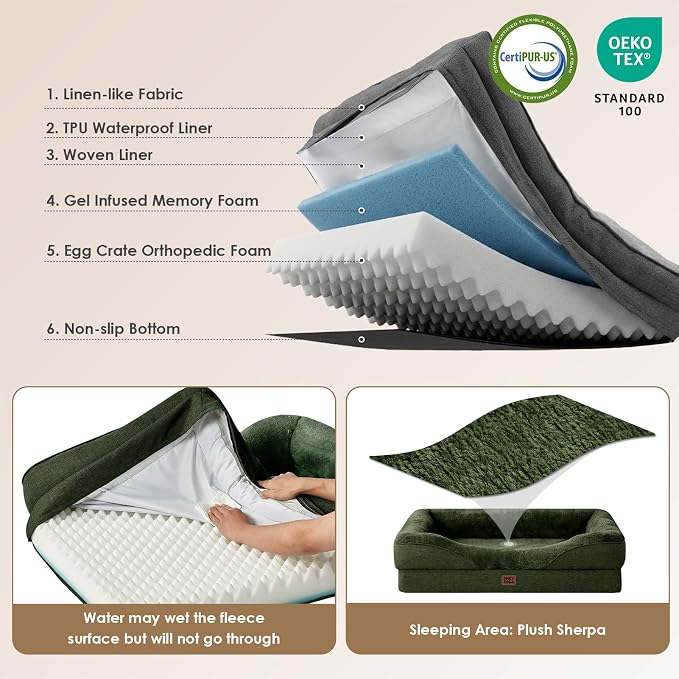 EHEYCIGA Orthopedic XL Dog Bed for Large Sized Dog, 42x30 Inch Extra Large Memory Foam Dog Couch Bed with Sides, Waterproof Liner & Washable Removable Cover, Dark Green