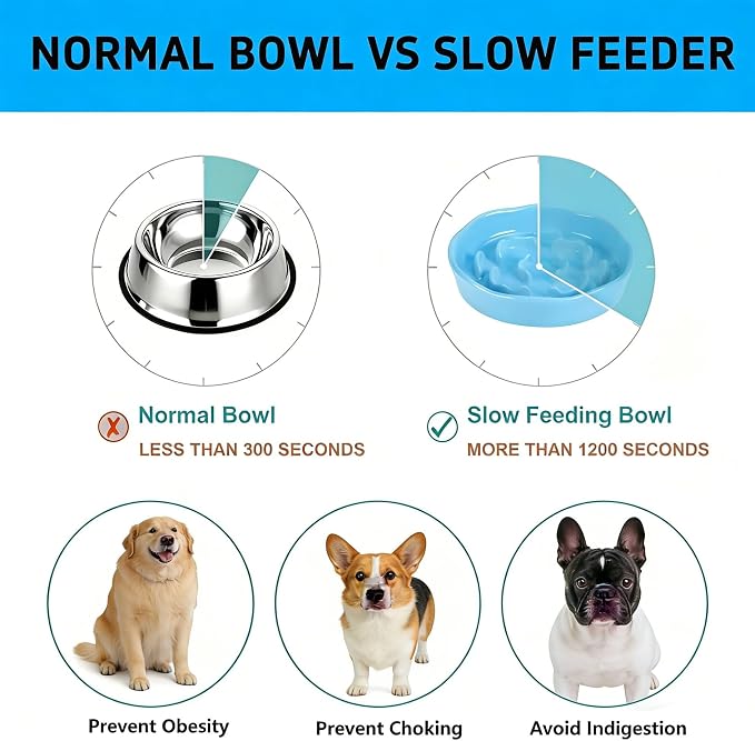 Pet Feeding Bowls, Ceramic Slow Feeder Dog Bowl - Heavy Weighted Blue Bloom Food Dish for Small to Medium Dogs - Non-Slip, Microwave & Dishwasher Safe Pottery Maze to Fast Eating
