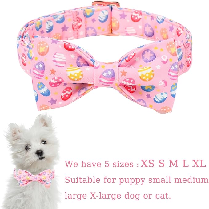Easter Day Dog Collar with Bow, UP URARA PUP Easter Eggs Adjustable Pet Collar Bowtie with Metal Buckle, Colorful Eggs Cotton Dog Collars for Small Medium Large Dogs, XL