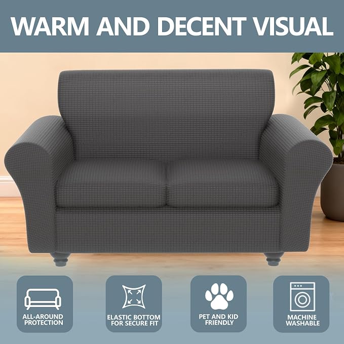 Stretch Couch Covers for 2 Separate Cushion Couch Sofa -Living Room Couch Sofa Cover,Washable Sofa Slipcover,Pet Friendly Furniture Protector with Elastic Bottom,Universal Fit for Home(Gray,Loveseat)