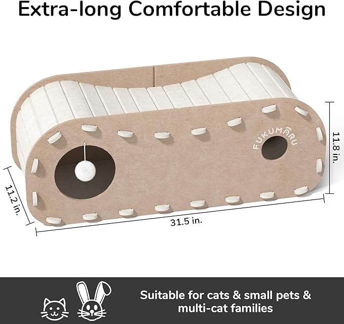 FUKUMARU Cat Beds for Indoor Pets 31.5 Inch, Extra Long Cozy Cat Bed Cave Tunnel for Multiple & Large Cats, Felt Kitten Hideaway House with Fluffy Ball, Scratch Resistant, Warm & Safe, Beige