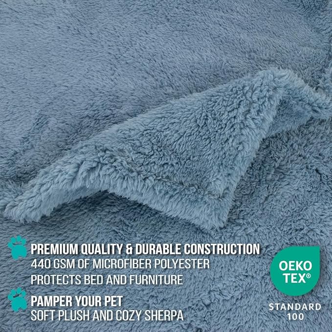 PetAmi Fluffy Waterproof Dog Blanket for Couch and Bed, Reversible Sherpa Pet Throw, Pee Proof Furniture Protector Sofa Cover, Washable Cat Blanket for Small Medium Dogs and Cats (Dusty Blue, 24x32)