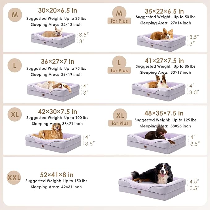 EHEYCIGA Orthopedic XL Dog Bed for Large Sized Dog, 42x30 Inch Extra Large Memory Foam Dog Couch Bed with Sides, Waterproof Liner & Washable Removable Cover, Purple