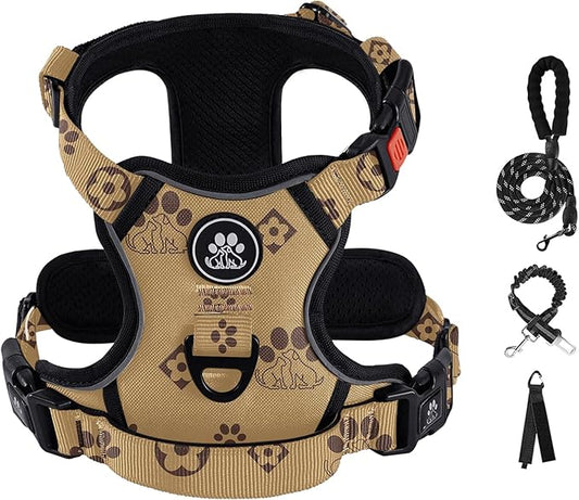 IVY&LANE No Pull Dog Harness with Leash Set, Reflective No Choke Pet Vest,Adjustable Oxford Dog Vest Harness with Easy Control Handle for Medium Dogs (Light Brown,M)