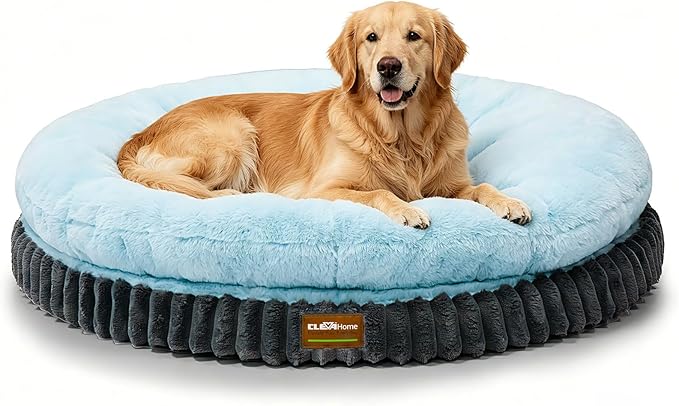 ClevaHome Orthopedic Dog Bed for Large Medium Dogs, 42 inches Round Double-Layer Plush Dog Bed, Removable Washable Cover, Anti-Slip Bottom, Ice Blue