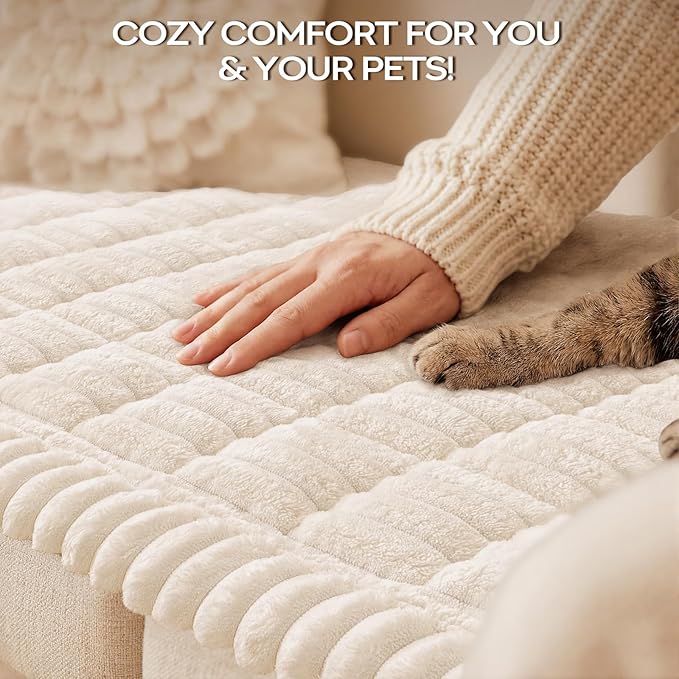 decorUhome Non-Slip Fuzzy Couch Cover for Dogs, Soft Thick Washable Pet-Friendly Protector, Sofa Slipcover for 3 Cushion Couch Sofa, White, 27.6" x 82.7"