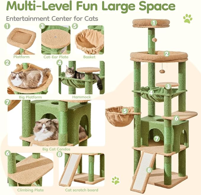 Taoqimiao 72 Inches Cat Tree for Large Cats, Multi-Level Tall Cat Tower, Widened Cat Condo with Large Scratch Board, 5 Scratching Posts, Metal Hammcock, Cozy Basket, Cactus, MS045T