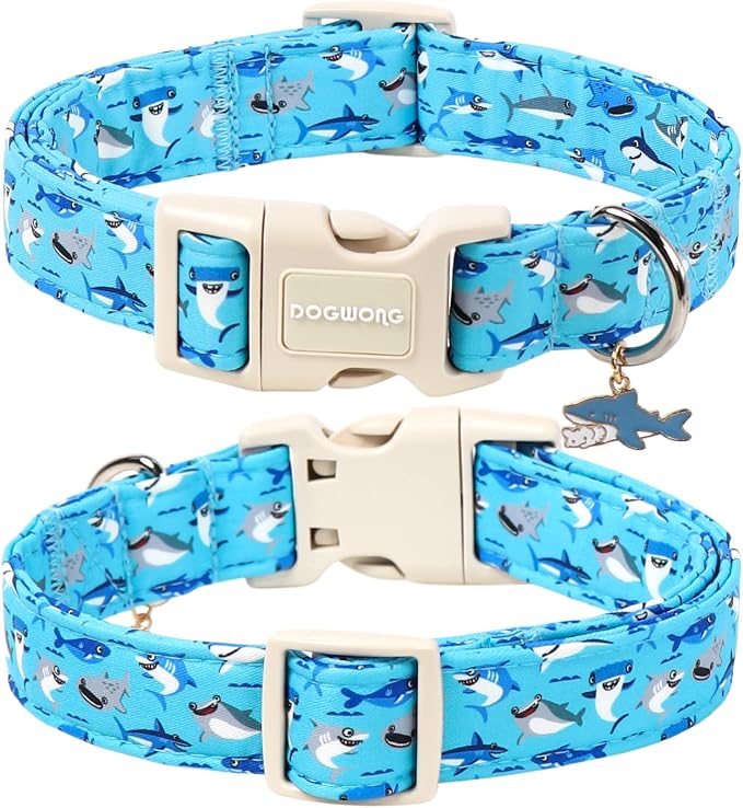DOGWONG Summer Dog Collar, Shark Dog Collars for Male Dogs, Soft Cotton Boy Dogs Collars for Small Medium Dogs, Neck 11-16 inches