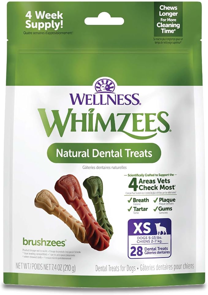 Wellness WHIMZEES Daily Brushzees Natural Dog Dental Treat, VOHC Accepted Chews, Freshens Breath, Extra-Small Size, 7.4 oz Bag, 28 Count