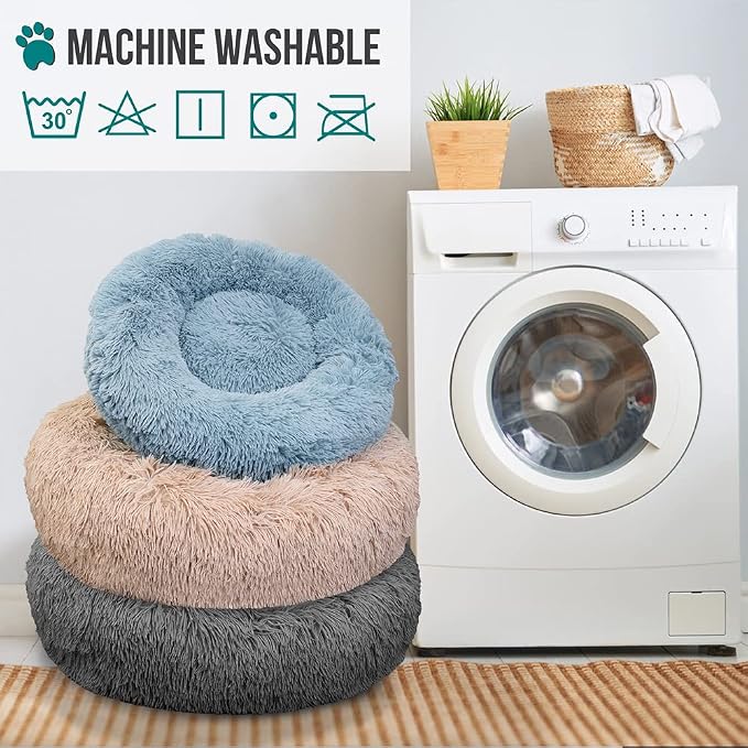 PetAmi Calming Dog Bed for Small & Medium Dogs, Cats & Puppy, Warming Round Donut Cuddler Bed, Anti-Anxiety Fluffy Shaggy Faux Fur Pet Bed, Machine Washable, Non-Slip Bottom, 30 Inch - Light Gray