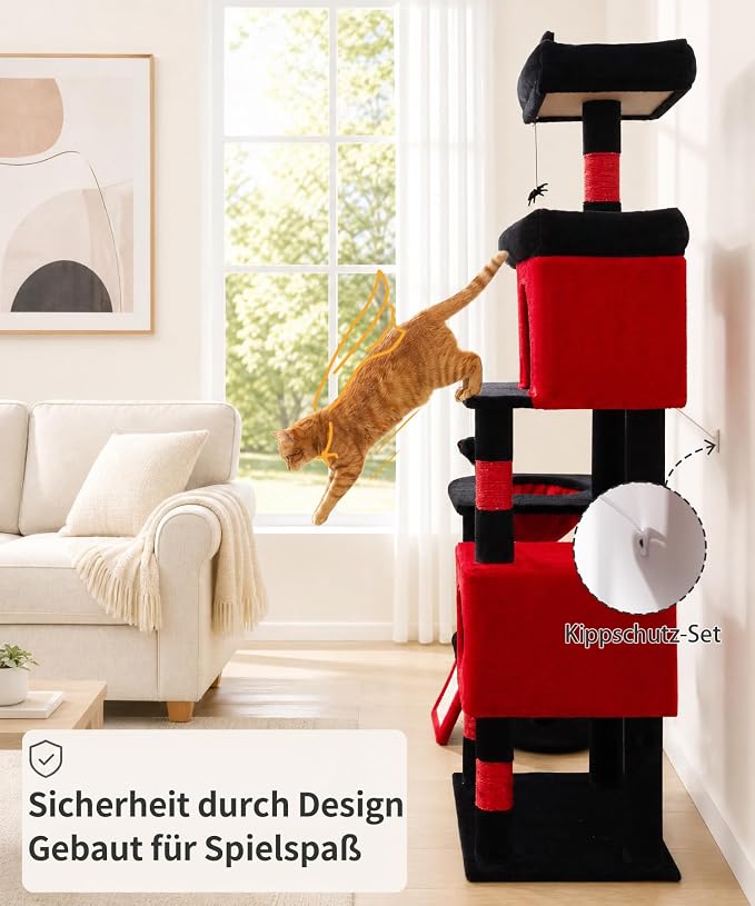68 Inches Heavy Duty Cat Tree for Indoor Cat, Big Cat Tower with Sisal Scratching Posts and Top Perch, Large Platform for Adult Cats, PMT02RD, Black Red