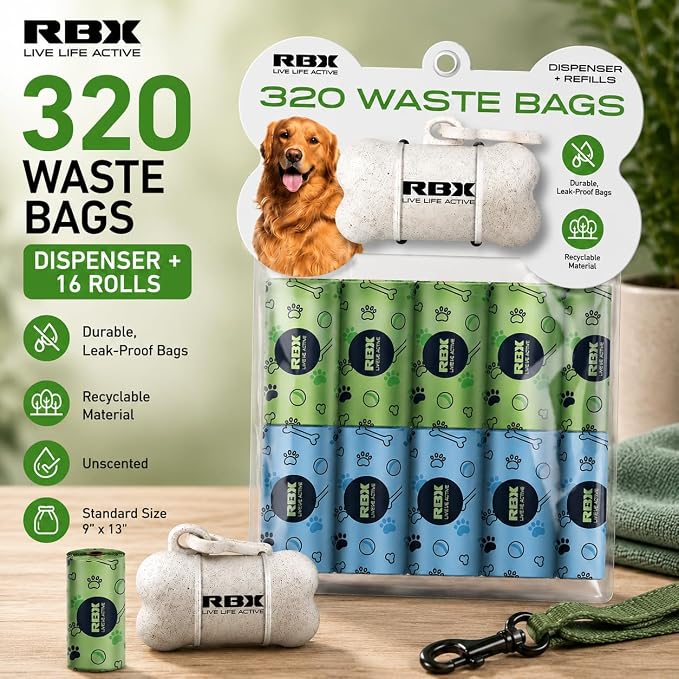 RBX Dog Poop Bags with Leash Holder, 320 Bags, 16 Refill Rolls | Clip-On Dispenser, Durable Leak-Proof, Recyclable Material
