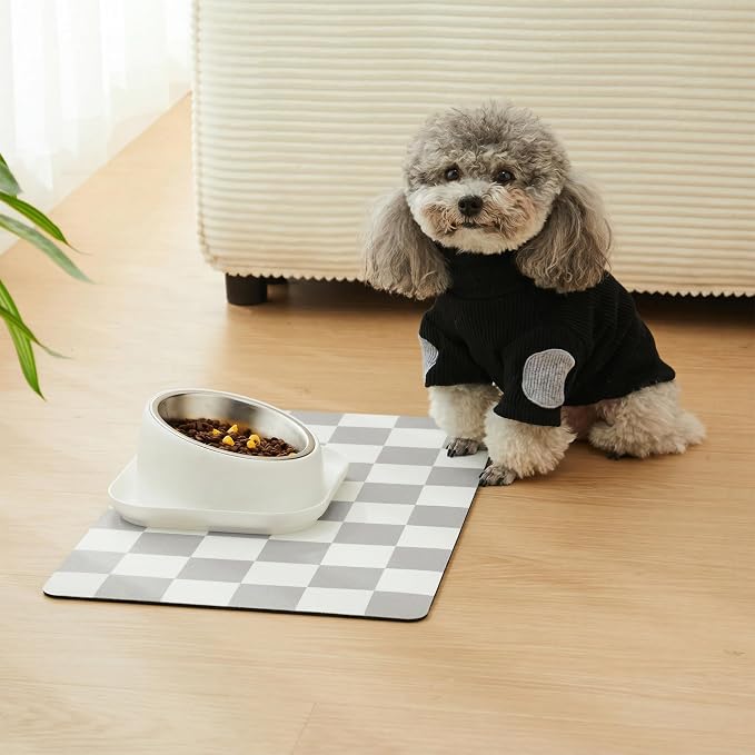 Checkered Dog Feeding Mat, Absorbent Mats for Dog Food and Water Bowl, Dispenser, Retro Modern Aesthetic Preppy Grey Checkerboard Pet Placemat for Dogs, Cats, Puppy Accessories, 12" X19”