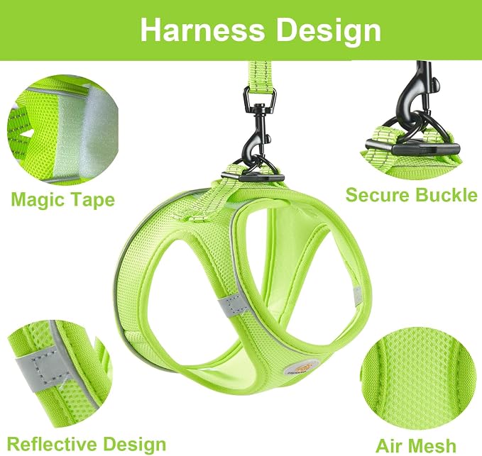 Hipubby Dog Harness and Leash Set, No Pull Soft Mesh Puppy Harness for Small Medium Dogs, Cats - Step in Reflective Breathable Lightweight Vest Harness for Walking, Training - Bright Green, XXS